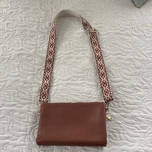 Brown Crossbody Bag with Patterned Strap